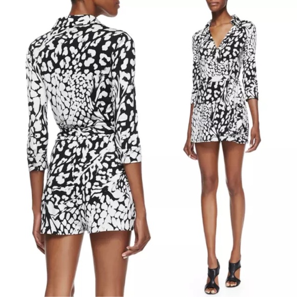 NWT DVF Romper Celeste Feather Leopard 100% Silk Jersey 3/4 Sleeve Size 12 Mono - Picture 5 of 10